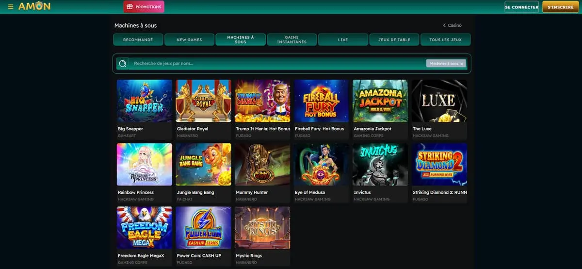 Casino Amon — lobby Machines à sous avec catégories RECOMMANDÉ, LIVE, JEUX DE TABLE