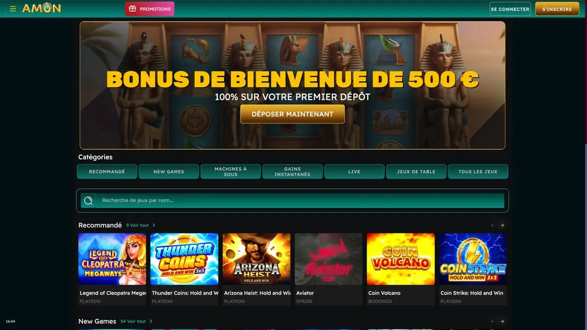 Casino Amon — interface principale française avec bonus de bienvenue